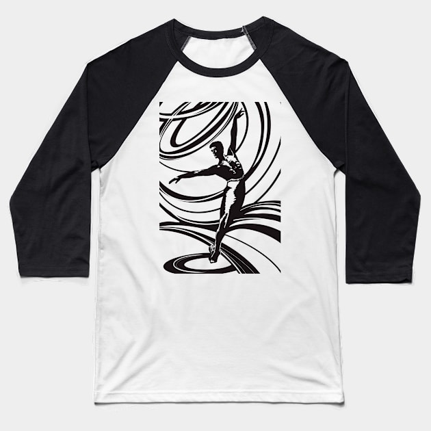 Male Dancer Linoprint in Black and White Baseball T-Shirt by NattyDesigns